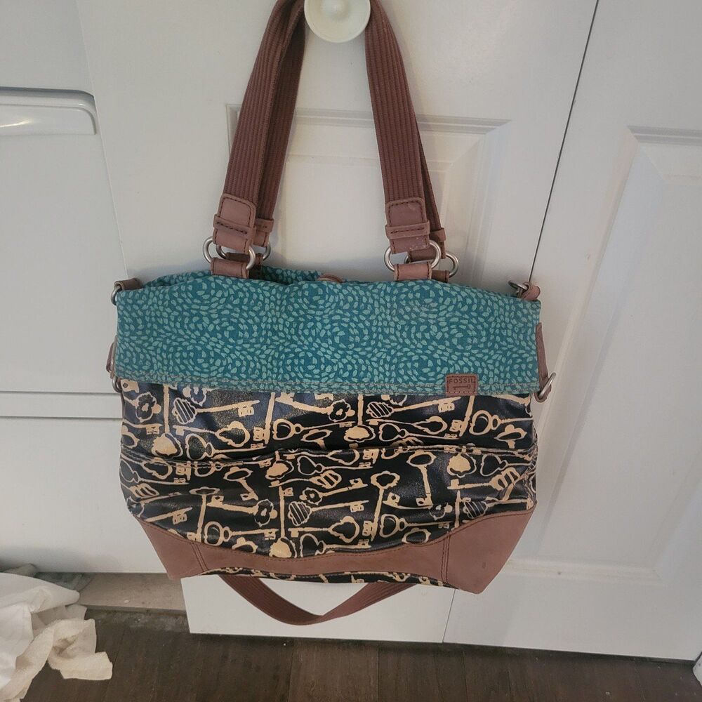 Fossil Key-Per Crossbody Tote Bag Navy Teal Vintage Key Print Coated Canvas - Picture 4 of 5